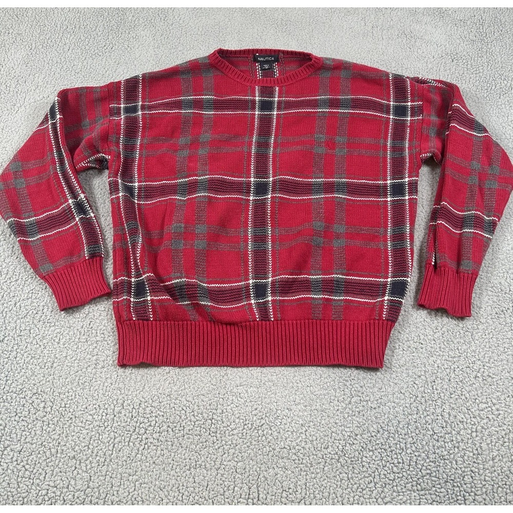 Nautica Sweater Mens‎ Medium Red Plaid Crewneck Cotton Knit Pullover Classic